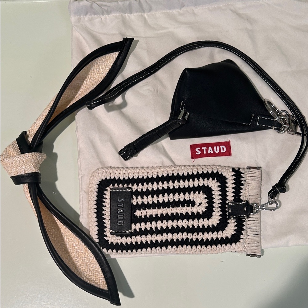 NWOT STAUD Artisanal Black & Cream Crochet Pouch & Black Leather Mini Bag Charm.